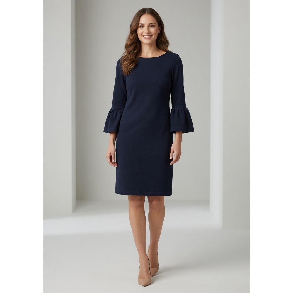 J.Crew Navy Blue Ruffle Bell Sleeve Shift Dress H6085 Cotton Blend Knit Small